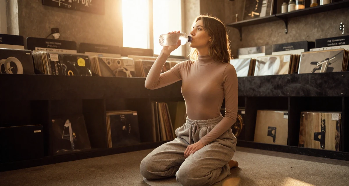A guarded Female From Russia, majored in chemical engineering in their 22, facing early rejection and learning from it, wearing a high-cut bodysuit paired with loose jogging bottoms, drinking from a water bottle in a vintage record store.