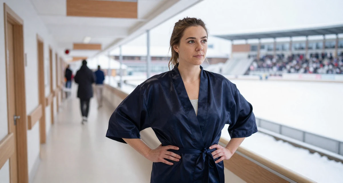 A hypnotic Female From Finland, studied graphic design and branding in their 23, handling occasional negative comments professionally, wearing a silky kimono robe worn open over loungewear, rolling up sleeves in a hospital corridor.