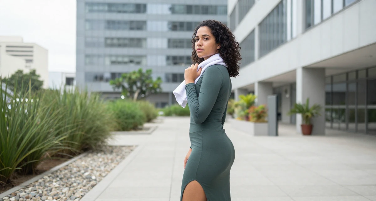 A humble Female From Brazil, studied software engineering in their 22, navigating competitive academic environments, wearing a tight long-sleeve bodysuit and a slit midi skirt, holding a gym towel in a modern skyscraper lobby.