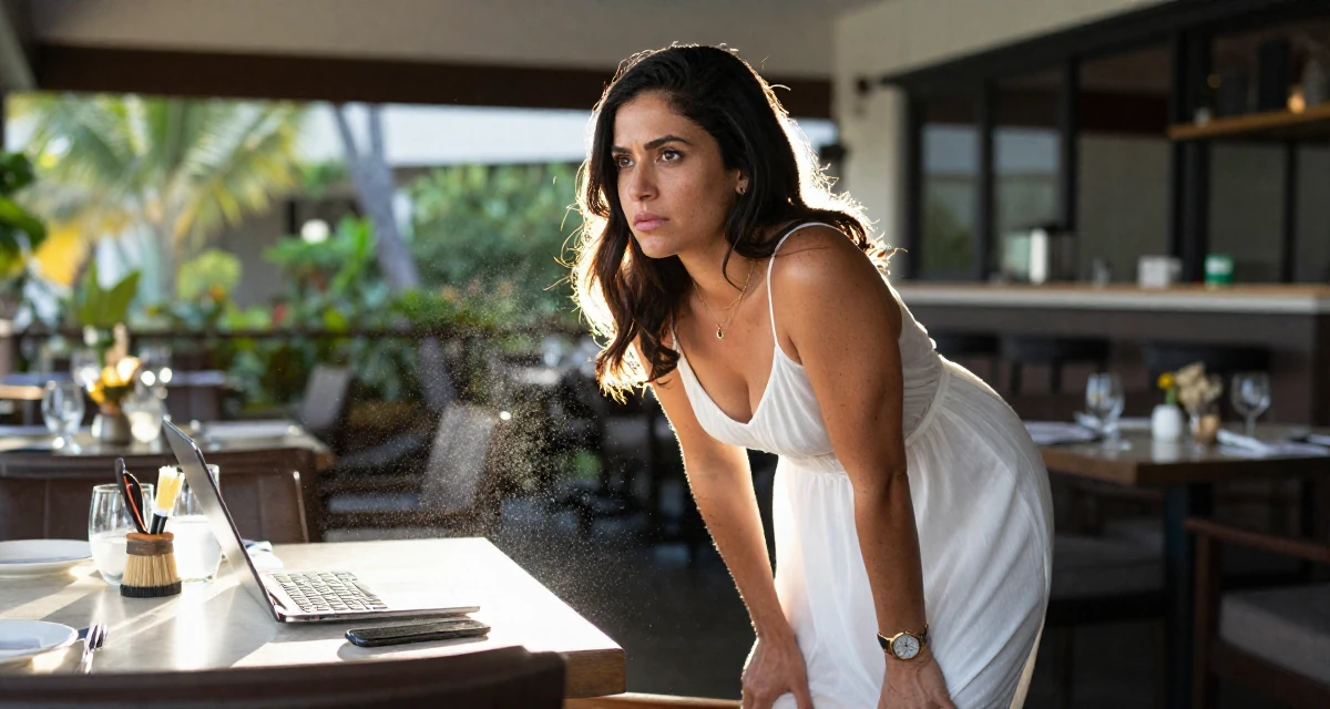 A determined Female From Mauritius, studied digital marketing in their 42, restarting career after burnout, wearing a semi-sheer white sundress backlit by the sun, brushing off dust in a high-end restaurant.