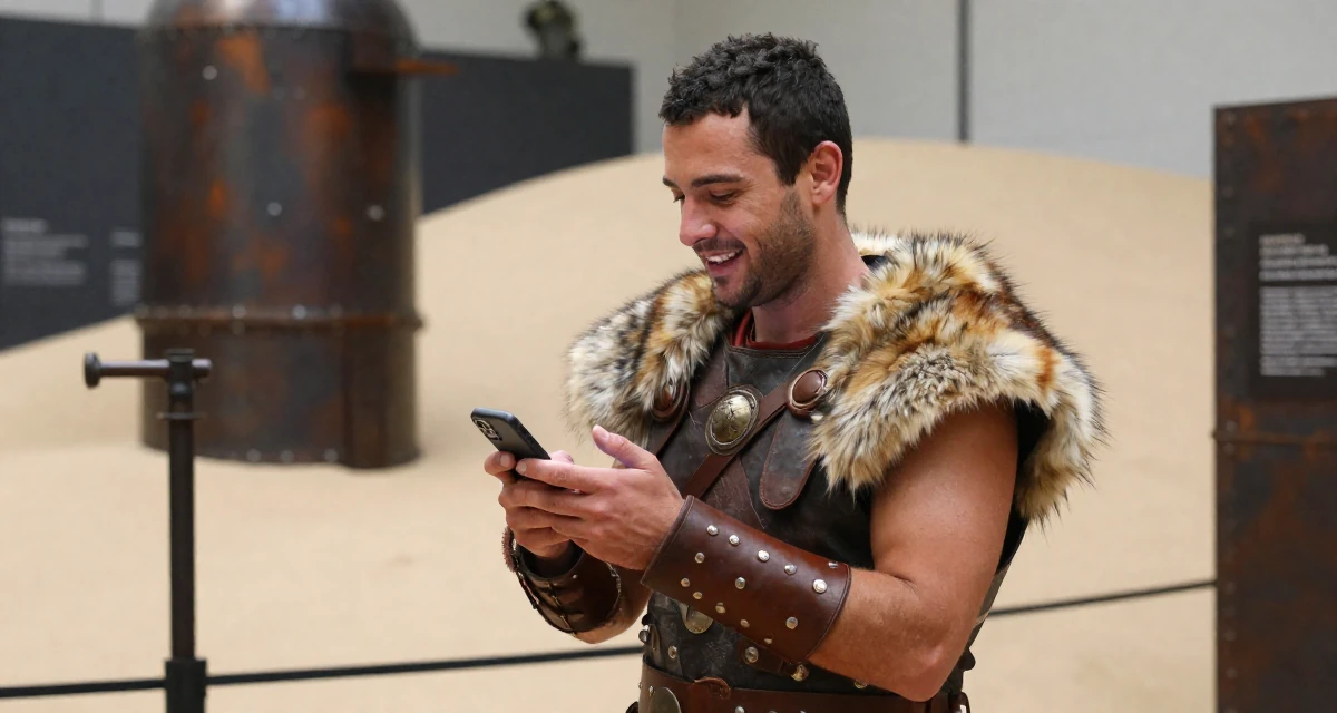 A open and honest male Born in South Africa, studied political communication in their 31, finding joy in small daily rituals, wearing a barbarian warrior outfit with faux fur and leather, texting with both thumbs in a museum exhibit.