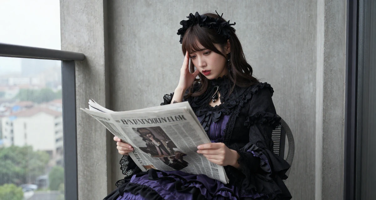 A emotional Female From France, has a background in luxury brand management in their 23, feeling pressure to figure life out quickly, wearing a elaborate gothic lolita dress with frills and lace, holding a newspaper in a luxury penthouse balcony.