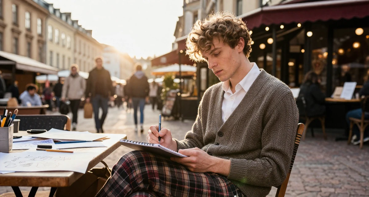 A expectant male From Helsinki Finland, studied visual communication in their 22, building a seductive aesthetic while protecting privacy, wearing a classic librarian style cardigan and a plaid skirt, sketching on a pad in a bustling market.