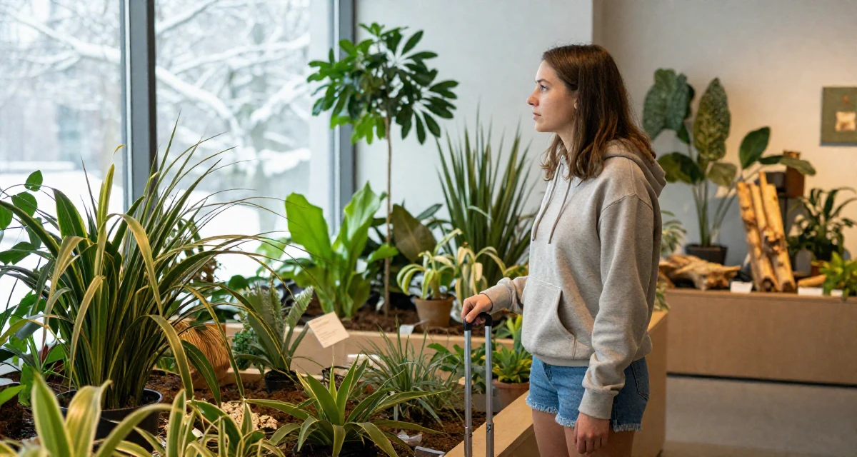 A thoughtful Female From Gothenburg Sweden, studied sustainable development in their 26, dealing with younger competition while finding identity, wearing a casual hoodie and denim shorts, polling a luggage handle in a museum exhibit.