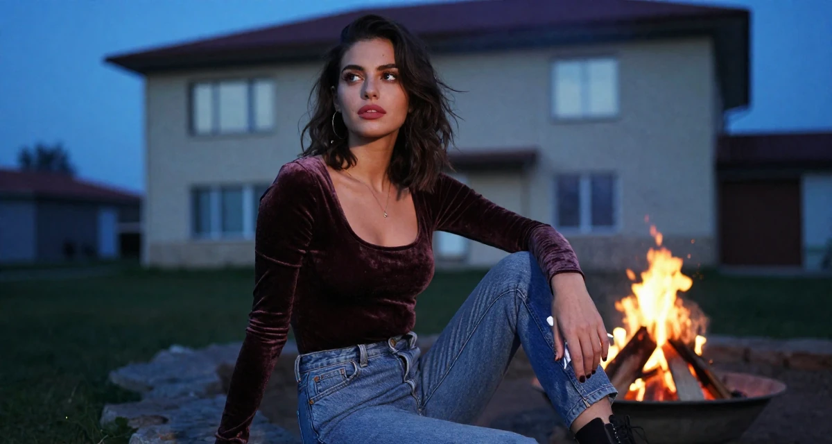 A observant Female From Turkey, majored in mechatronics in their 24, building a flirty persona fans instantly recognize, wearing a velvet bodysuit and high-waisted mom jeans, holding a pen in a campfire circle.