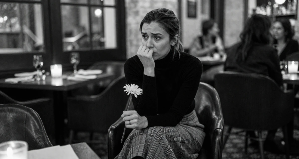 A emotionally moved Female Once a kindergarten teacher, now a full-time lifestyle content creator in their 22, using body language to convey mood more than exposure, wearing a classic black turtleneck tucked into a plaid midi skirt, holding a single flower in a high-end restaurant.