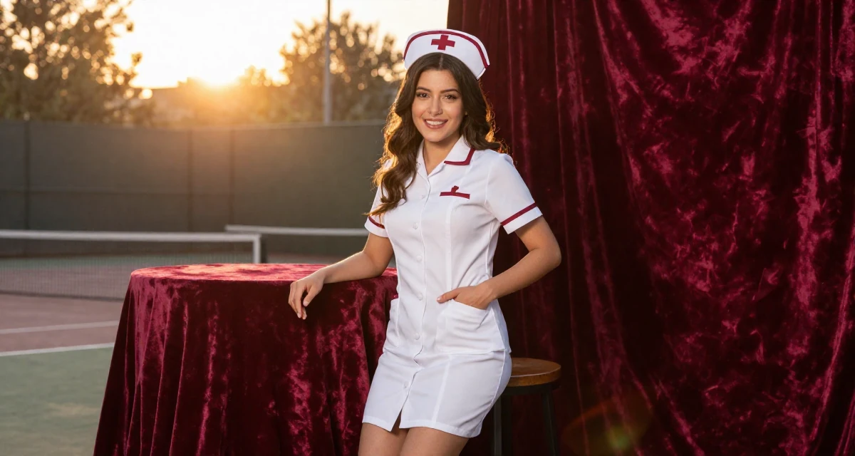 A positive Female From Mexico, based in Monterrey, graduated from a private university majoring in communication studies in their 20, capturing every moment for the aesthetic, wearing a nurse cosplay uniform with a stylized cap, sliding a hand into a pocket in a tennis court.
