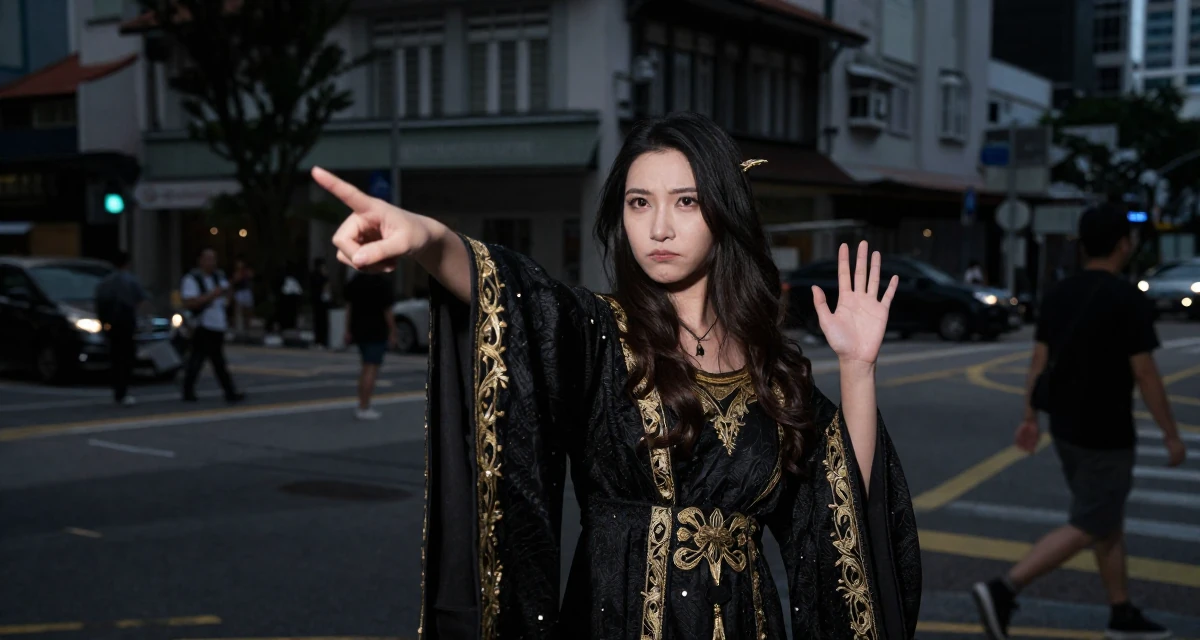 A arrogant Female From Singapore, majored in digital content strategy and visual aesthetics in their 38, sharing tips for effective remote work, wearing a high-fantasy sorceress robe with gold embroidery, waving to someone in a busy intersection.