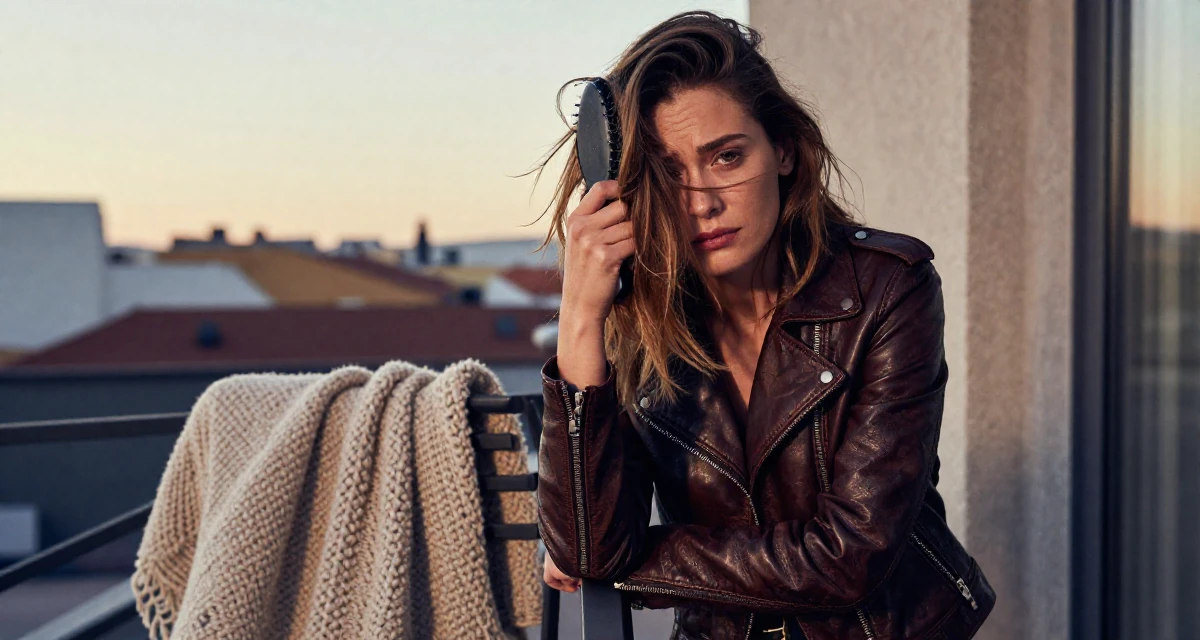 A sorrowful Female Grew up in Spain, studied international business in their 32, sharing easy DIY home improvement projects, wearing a vintage-inspired leather jacket look, brushing hair away from the face in a rooftop terrace at sunset.