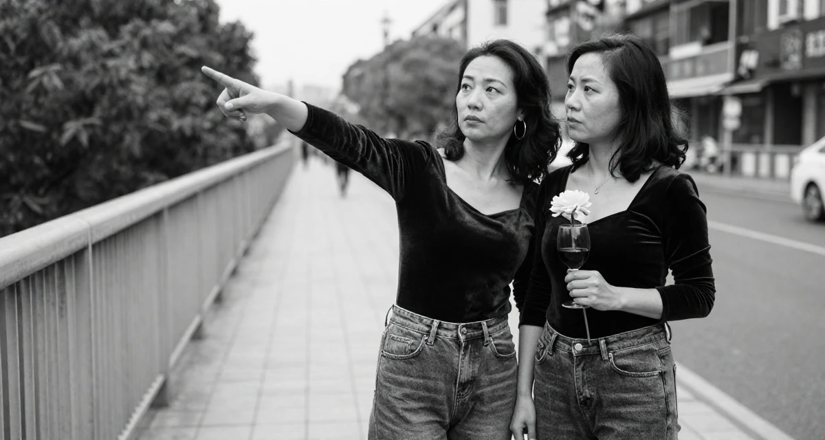 A stoic Female From Suzhou China, grew up in a family tailoring business, learning costume craft in their 47, revitalizing a marriage after twenty years, wearing a velvet bodysuit and high-waisted mom jeans, holding a single flower in a bridge walkway.