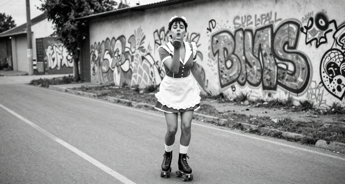 A pensive male From Argentina, based in Buenos Aires, graduated from a media institute majoring in flirtatious content styling in their 24, prioritizing mental health over grinding, wearing a retro 50s diner waitress uniform with roller skates, blowing a kiss in a country road.