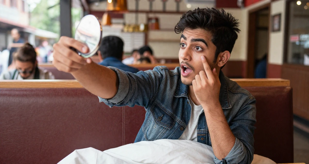 A energetic male Born in Nepal, studied urban planning in their 21, struggling to wake up for early morning lectures, wearing a modern grunge aesthetic, checking makeup in a compact mirror in a restaurant booth.