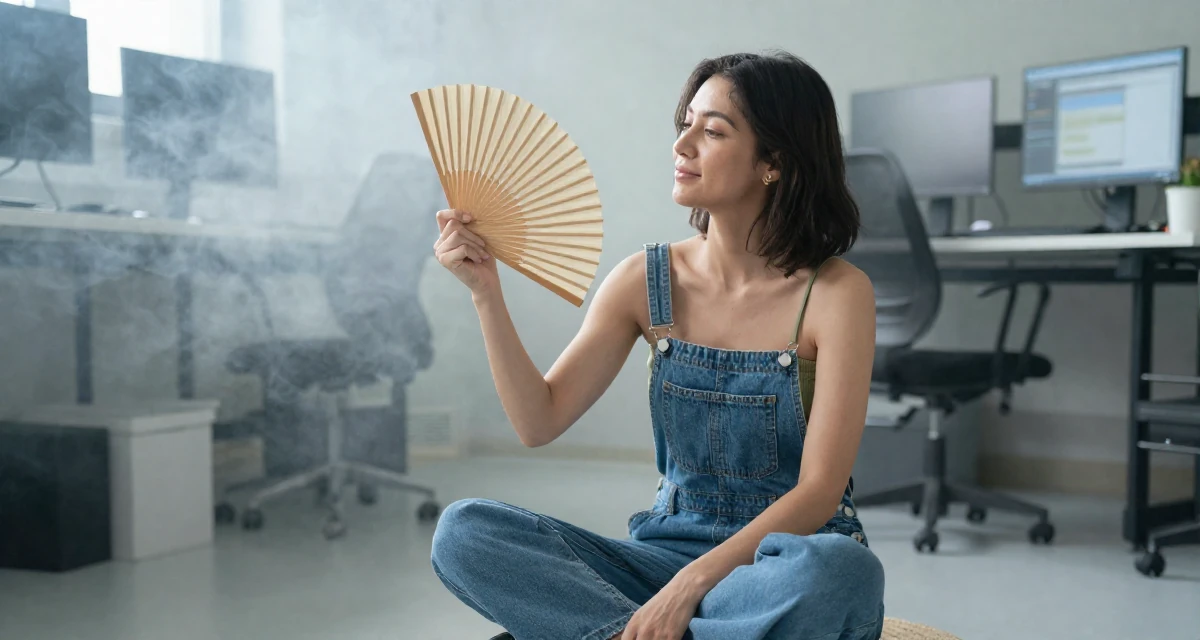 A peaceful Female Former florist assistant, now making soft, romantic aesthetic content in their 23, balancing vulnerability and professionalism, wearing a tube top and oversized denim overalls with one strap down, fanning self with a hand in a cybernetic computer lab.