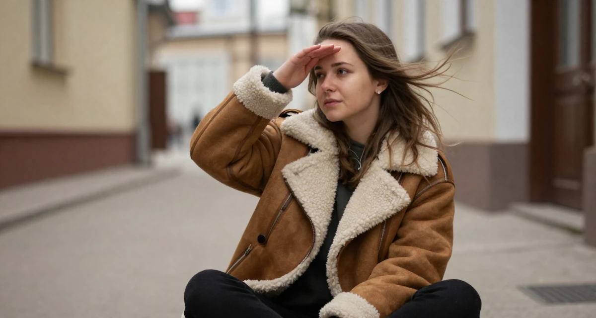 A composed Female From Russia, studied digital media at a vocational school in their 40, embracing natural beauty and self-acceptance, wearing a warm shearling jacket, shielding face from the wind in a quiet alleyway.