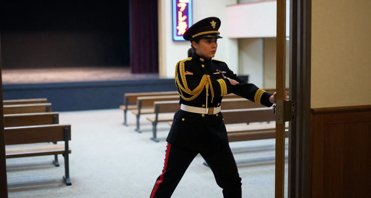 A calm Female From Australia, trained in photography and visual arts in their 20, experiencing the first taste of freedom away from home, wearing a military general uniform with gold braiding and a hat, pushing a door open in a empty theater stage.