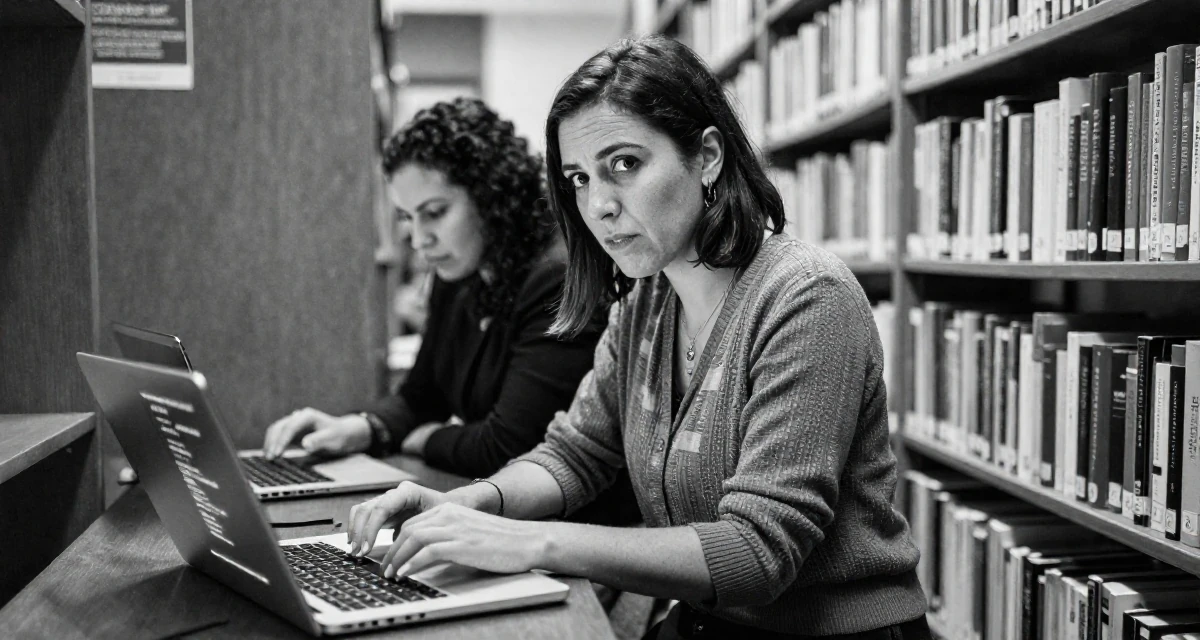 A rebellious Female From Paraguay, majored in accounting in their 43, balancing a demanding career with self-care, wearing a modern casual lifestyle wear, typing on a laptop in a library aisle.