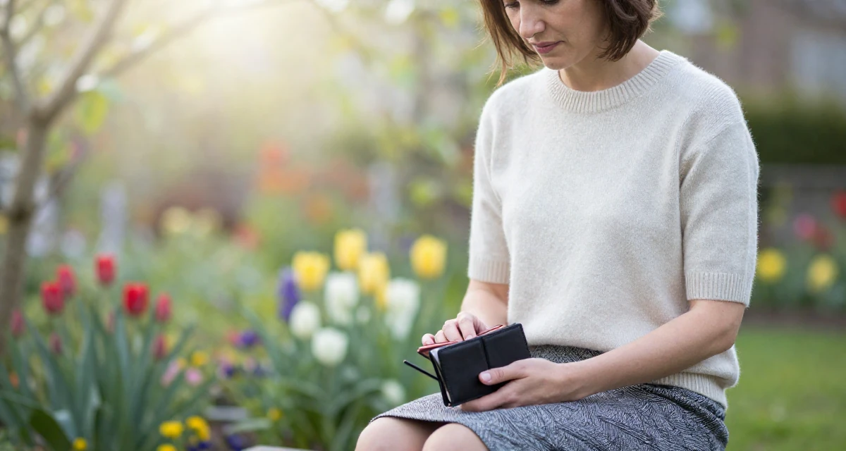 A steady Female From Germany, studied industrial design at a technical college in their 43, sharing organization hacks for busy moms, wearing a short sleeve cashmere sweater and a skirt, checking a wallet in a blooming flower garden.