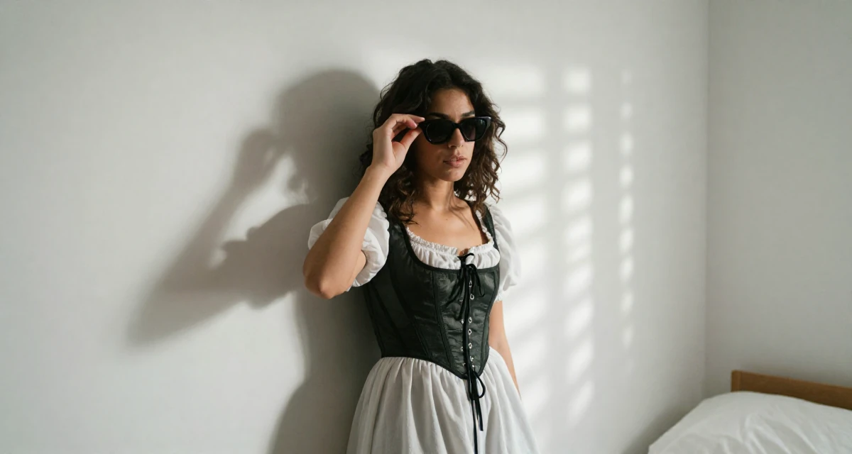 A focused Female From Lebanon, based in Beirut, graduated from a creative institute majoring in expressive photoshoot styling in their 25, identifying strengths and weaknesses, wearing a peasant girl corset dress with a white blouse, putting on sunglasses in a minimalist bedroom.