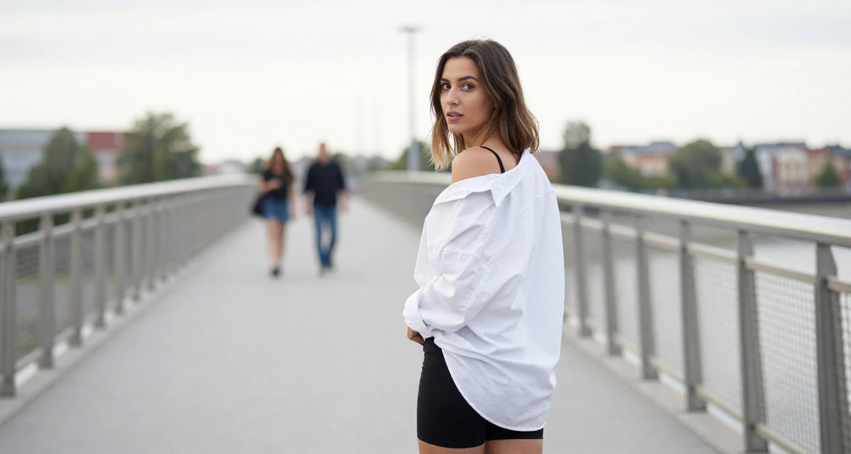 A inspired Female From Sweden, trained in interior architecture in their 22, learning how to communicate professionally, wearing a oversized white shirt worn off one shoulder and biker shorts, fixing the hem of a skirt in a bridge walkway.