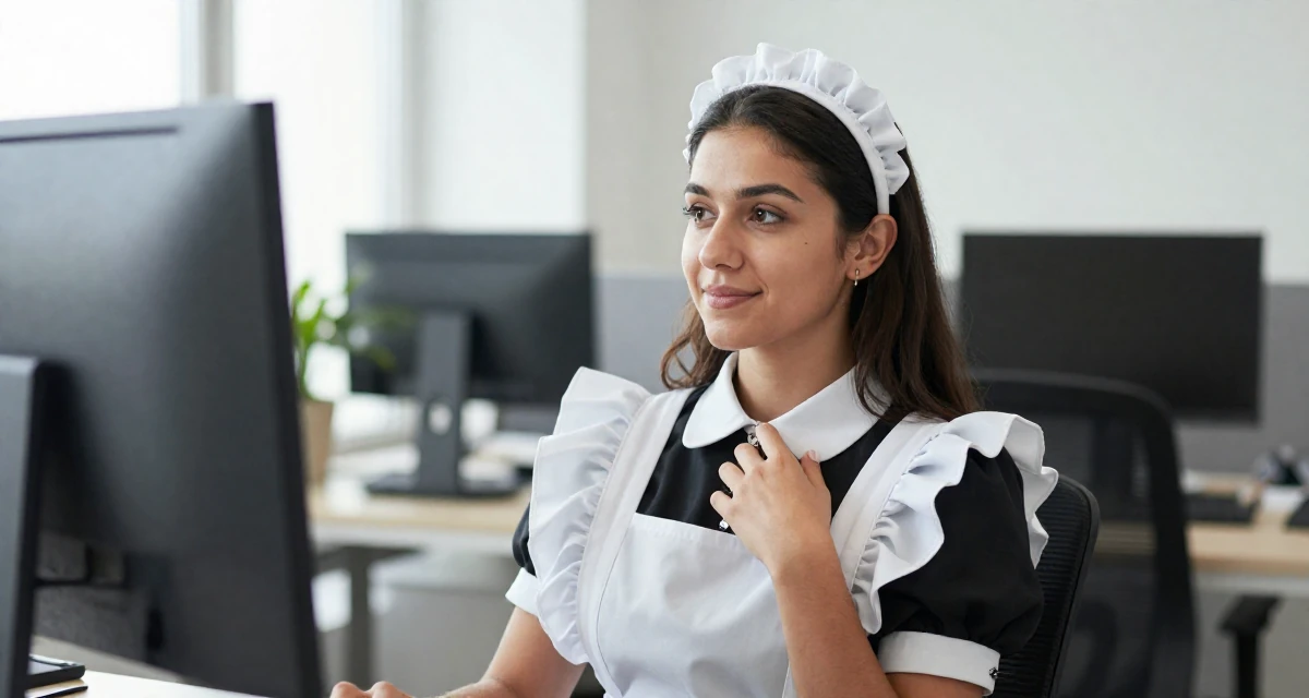 A sincere Female From Hungary, majored in communication strategy in their 20, buzzing with naive optimism and caffeine energy, wearing a maid outfit with a white apron and ruffled headband, touching a necklace in a office workspace.