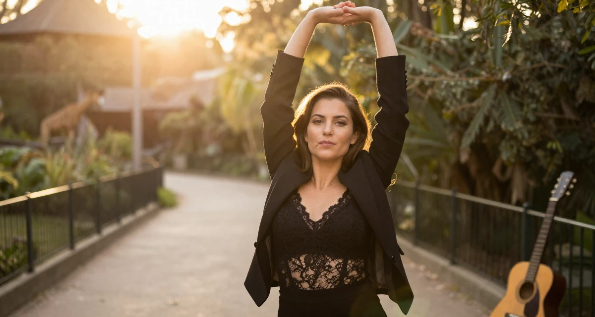 A sophisticated Female From Colombia, has a background in performing arts in their 31, navigating the balance between career and new motherhood, wearing a black lace top under a business suit, biting the lower lip softly in a zoo pathway.