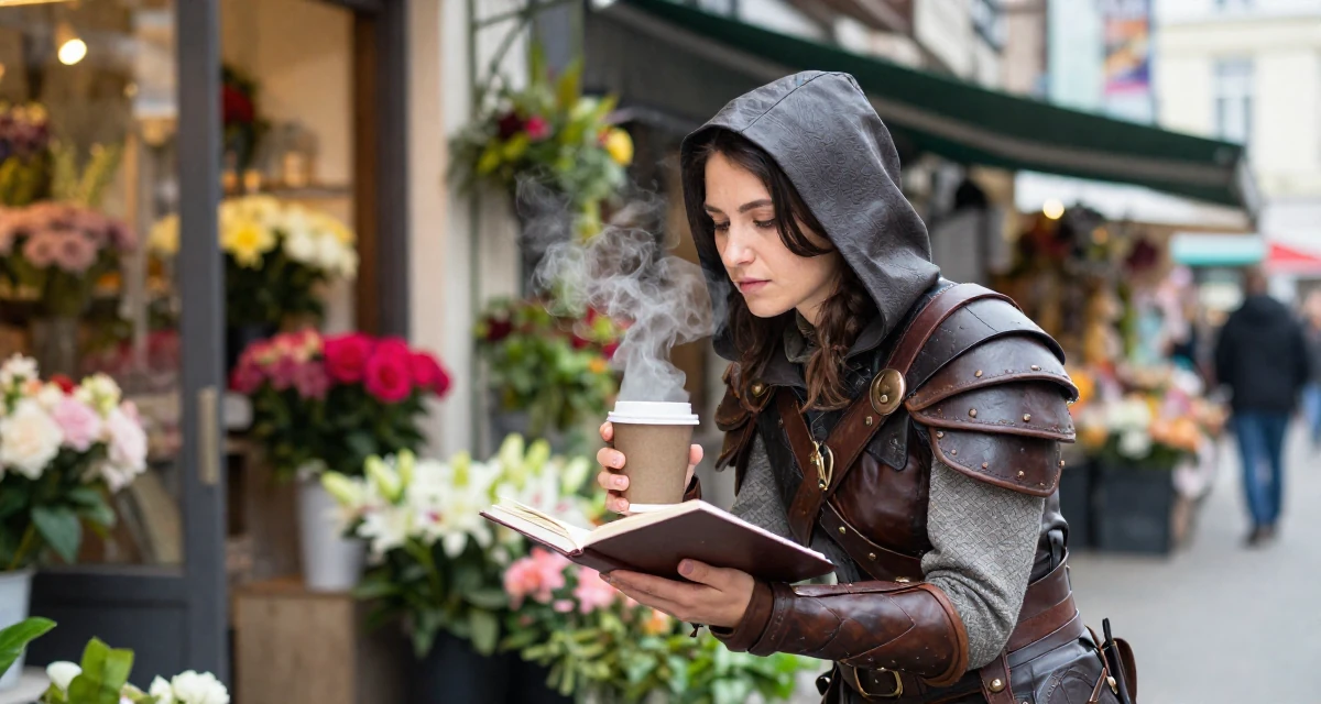 A serene Female Born in Russia, graduated from a local college majoring in marketing in their 31, digital nomad setting up a base in a new city, wearing a fantasy rogue leather armor with a hood, holding a notebook in a flower shop entrance.