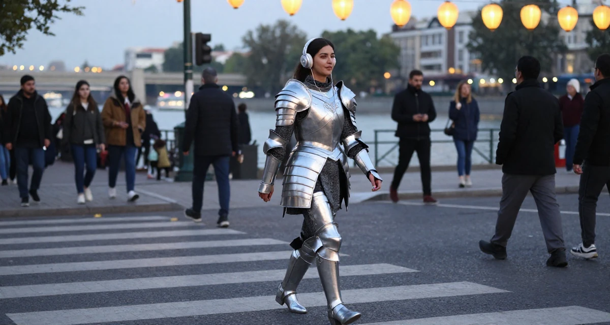 A poised Female From Tajikistan, studied civil engineering in their 23, seeking spiritual grounding amidst chaos, wearing a fantasy warrior princess armor made of silver metal, listening to music with headphones in a busy crosswalk.