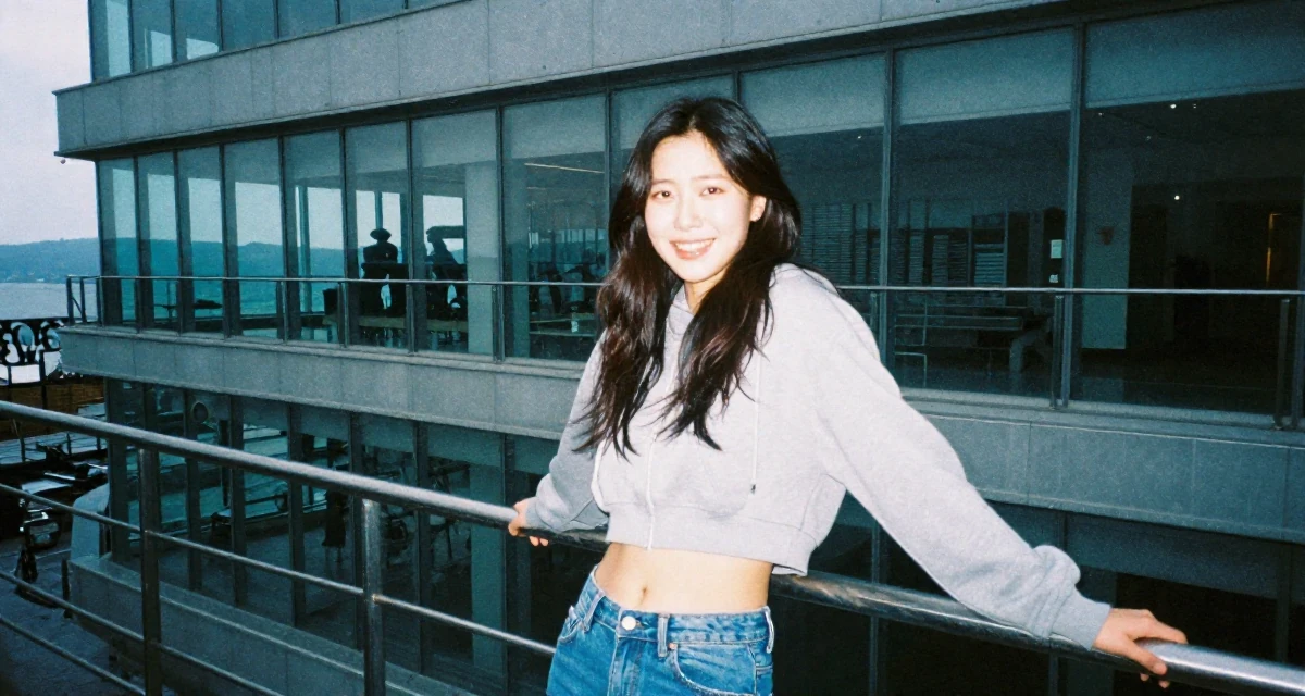 A joyful Female From South Korea, based in Jeju, graduated from a fashion school majoring in body language aesthetics in their 24, worried about the future of the economy, wearing a cropped hoodie showing midriff and low-rise jeans, leaning on a railing in a dungeon cell.