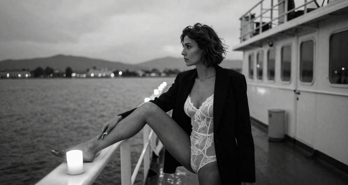 A curious and focused Female From Saint Petersburg Russia, studied fine arts in their 39, preparing for a new chapter in a new city, wearing a sheer lace bodysuit worn under a blazer, tapping a foot rhythmically in a ferry deck.