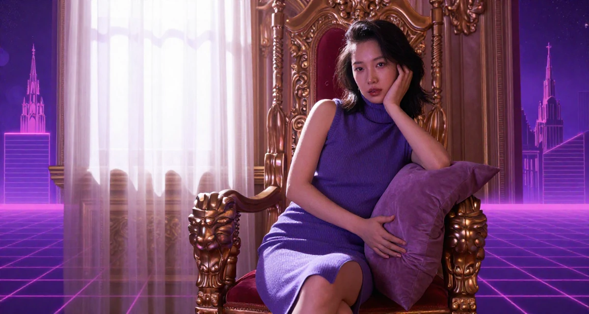 A lighthearted Female From Chengdu China, majored in fashion design in their 23, seeking career clarity through trial and error, wearing a sleeveless turtleneck dress with high side slits, hugging a pillow or cushion in a royal palace throne room.