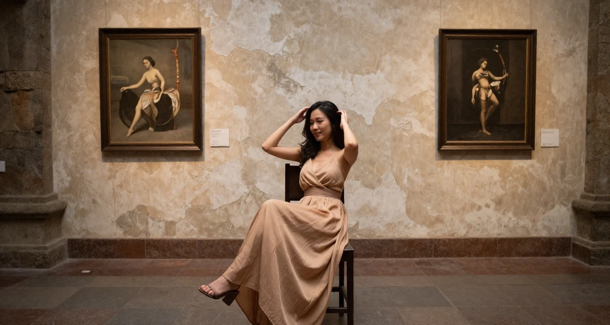 A warm Female From Ho Chi Minh City Vietnam, studied creative media and personal branding in their 22, building a seductive aesthetic while protecting privacy, wearing a flowing maxi skirt and top, pushing hair from face in a museum exhibit.