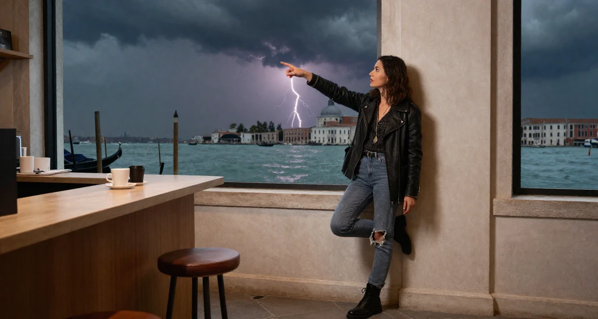 A content Female Once a recruitment assistant, now creating relatable work-life content in their 37, trying to stabilize income, wearing a edgy street style with boots, pointing at something distant in a museum exhibit.