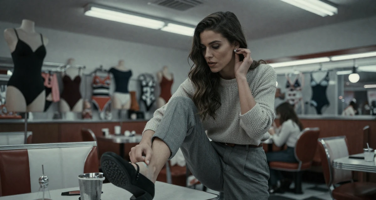 A sultry Female Once a swimwear shop clerk, now modeling her own collections in their 25, preparing for larger adult responsibilities, wearing a vintage sweater and high-waist pants, putting on earrings in a retro 50s diner.