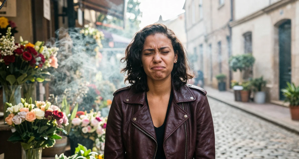 A pouting Female From Kenya, based in Nairobi, graduated from a creative institute majoring in aesthetic communication in their 25, dealing with anxiety about first paying subscribers, wearing a vintage-inspired leather jacket look, laughing uncontrollably in a flower shop.