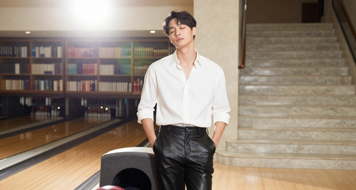 A sincere male Once a dog trainer, now a pet-friendly lifestyle content creator in their 21, feeling lonely despite being constantly online, wearing a black leather trousers and a crisp white blouse, putting hands in pockets in a bowling alley.