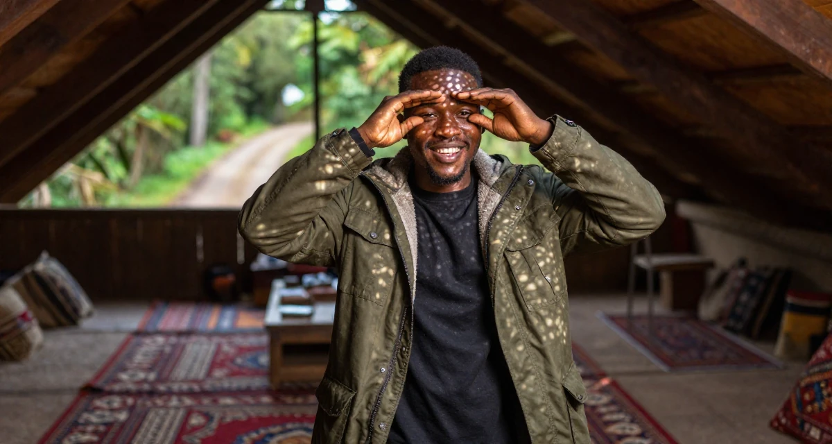 A warm and welcoming male From Zambia, majored in marketing communication in their 31, balancing career peaks with personal downtime, wearing a stylish parka jacket, covering eyes from the sun in a attic room.