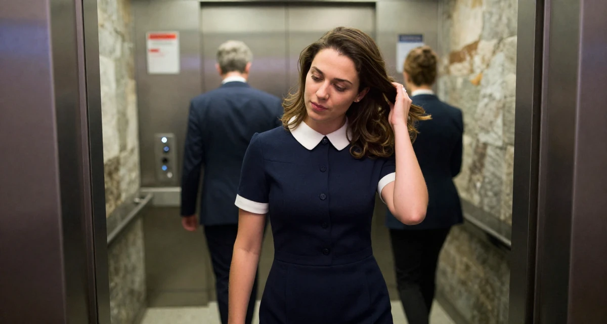 A charming Female From Canada, based in Vancouver, graduated from an arts institute majoring in creative media in their 26, learning to endure hate comments quietly, wearing a navy blue dress with white collar and cuffs, brushing hair back in a corporate elevator.