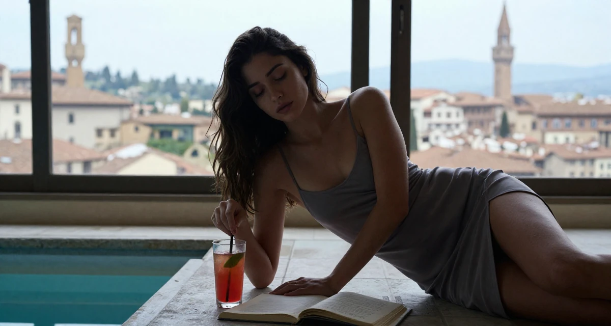 A tired Female From Florence Italy, majored in sculpture arts in their 25, crafting a cute–seductive persona while studying full-time, wearing a short slip dress with a thigh-high slit, stirring a drink in a swimming pool.