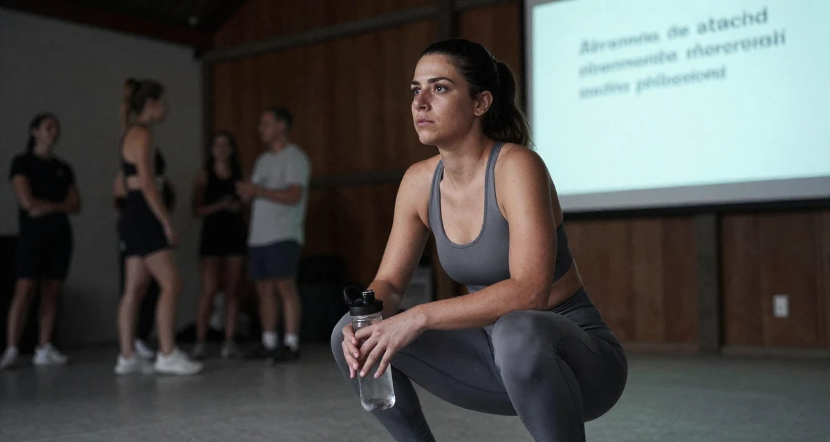 A contemplative Female From Athens Greece, studied philosophy in their 24, struggling with inconsistent motivation, wearing a form-fitting athletic set with a sports bra and leggings, holding a water bottle in a barn interior.