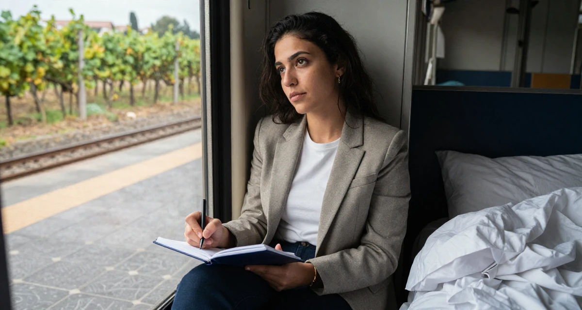 A unbothered Female From Arabic-speaking world, studied business law in their 25, learning boundaries the hard way from pushy fans, wearing a smart casual blazer ensemble, writing in a notebook in a train platform.