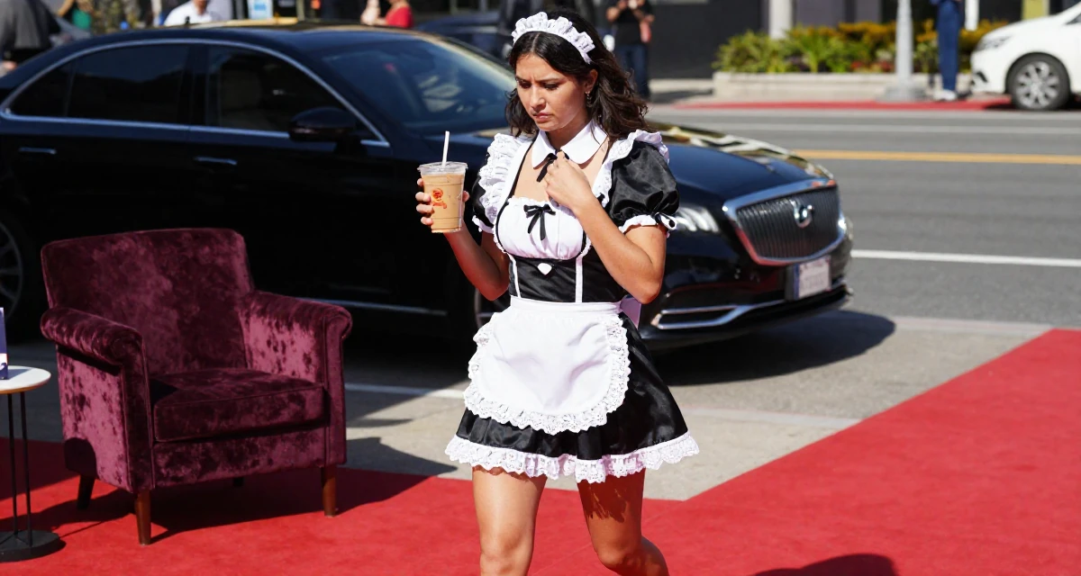 A resolute Female Once a lifeguard, now shooting athletic, beach-centered content in their 22, clutching an iced coffee as a survival tool, wearing a french maid costume with black silk and white lace, adjusting a collar in a red carpet event.