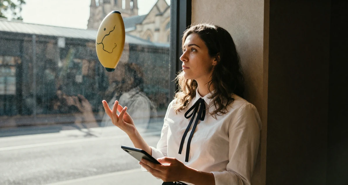 A wistful Female From Sydney Australia, holds a degree in environmental science in their 26, juggling real-life chaos with online expectations, wearing a white shirt with a black ribbon tie, scrolling casually in a recording booth.