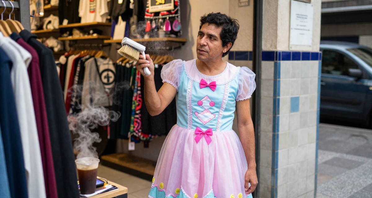 A fragile male From Guatemala, studied computer networks in their 39, sharing stories of resilience and growth, wearing a candy-themed magical girl dress with pastel colors, brushing off dust in a clothing boutique.