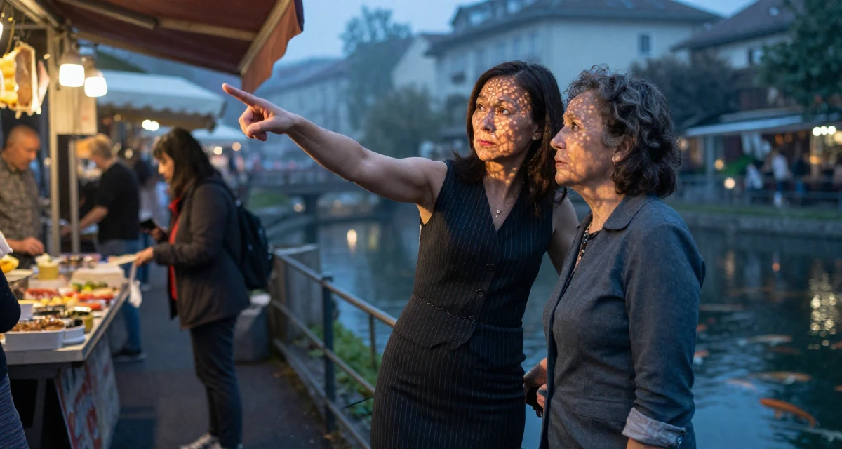 A suspicious Female From Switzerland, based in Geneva, graduated from a local university majoring in communication management in their 40, navigating the balance of career and aging parents, wearing a pinstripe pencil skirt and a matching vest top, leaning on a railing in a night market stall.