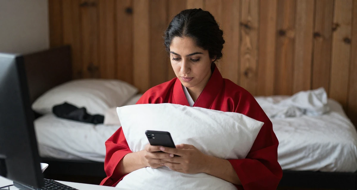 A sincere Female From Arabic-speaking world, studied international logistics in their 20, spending too much time scrolling social media, wearing a traditional Japanese miko priestess robe in red and white, hugging a pillow or cushion in a office workspace.