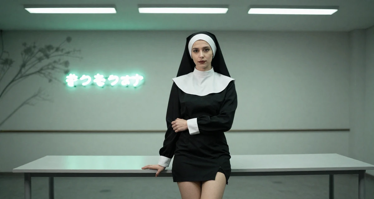 A calm and confident Female Raised in Sweden, studied creative technology in their 37, establishing authority in a niche market, wearing a gothic nun habit with a modified short skirt, adjusting sleeves in a empty theater stage.