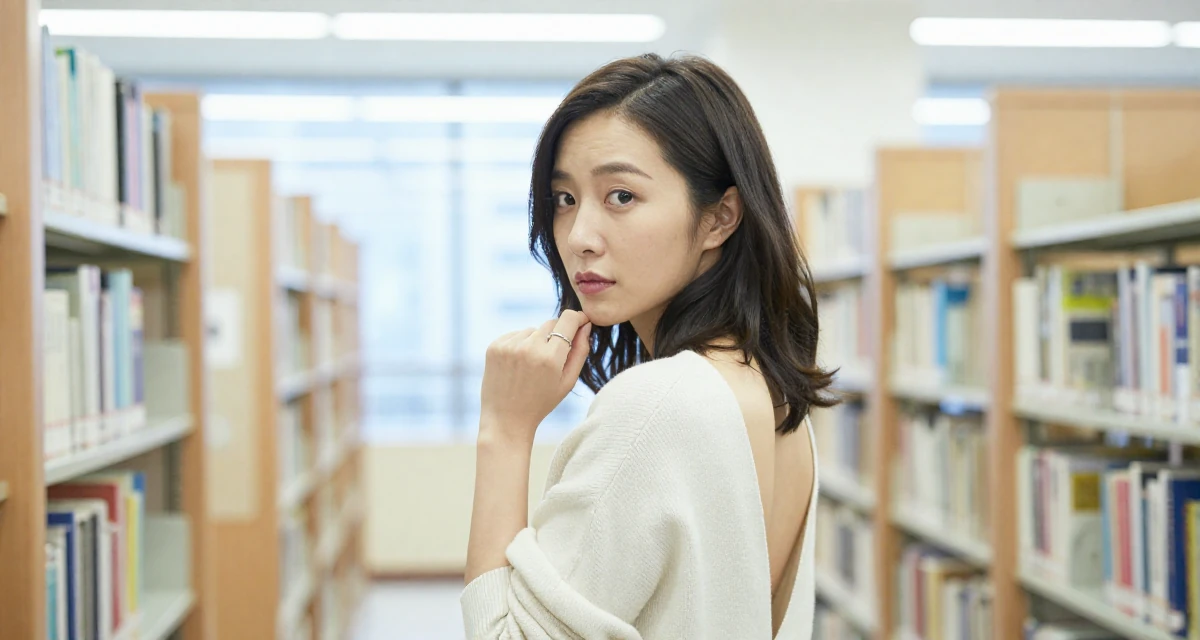 A pensive Female From Taiwan, based in Kaohsiung, graduated from an arts program majoring in intimate scene design in their 30, transitioning from corporate grind to creative freedom, wearing a open-back sweater showing the spine, playing with a ring on a finger in a library aisle.