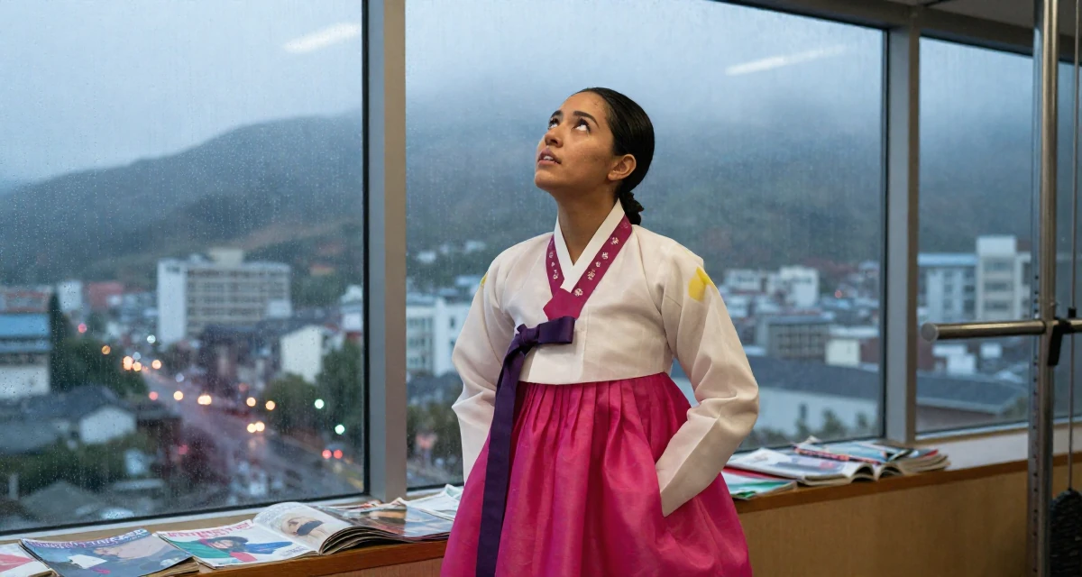 A triumphant Female Born in the Dominican Republic, studied tourism marketing in their 22, romanticizing the struggle of city living, wearing a traditional hanbok modified for a modern look, putting hands in pockets in a gym interior.