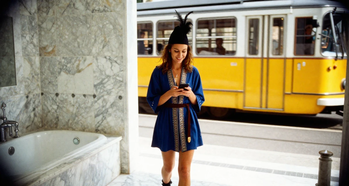 A relaxed and happy Female From Hungary, based in Debrecen, graduated from a fashion program majoring in bold thematic styling in their 21, constantly documenting life for an audience, wearing a royal musketeer tunic with a feathered hat, checking a phone in a marble bathroom with a tub.