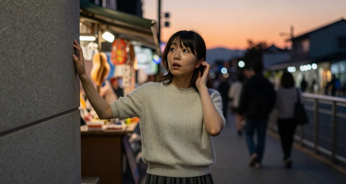 A awestruck Female From Kyoto Japan, practiced artistic nude photography as self-expression in their 35, sharing the journey of learning a new language, wearing a short sleeve cashmere sweater and a skirt, tucking hair behind an ear in a night market stall.